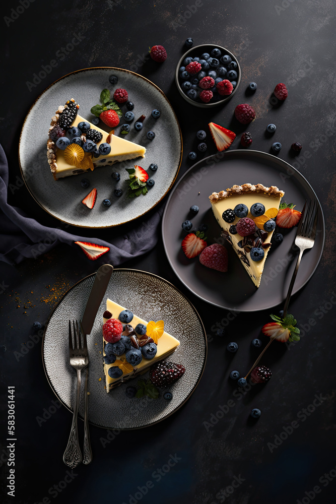 Cheesecake slices and berries on serving plates. Illustration AI Generative