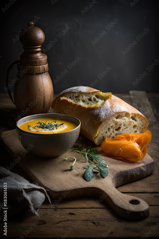 Butternut squash soup and baguette on wooden board. Illustration AI Generative