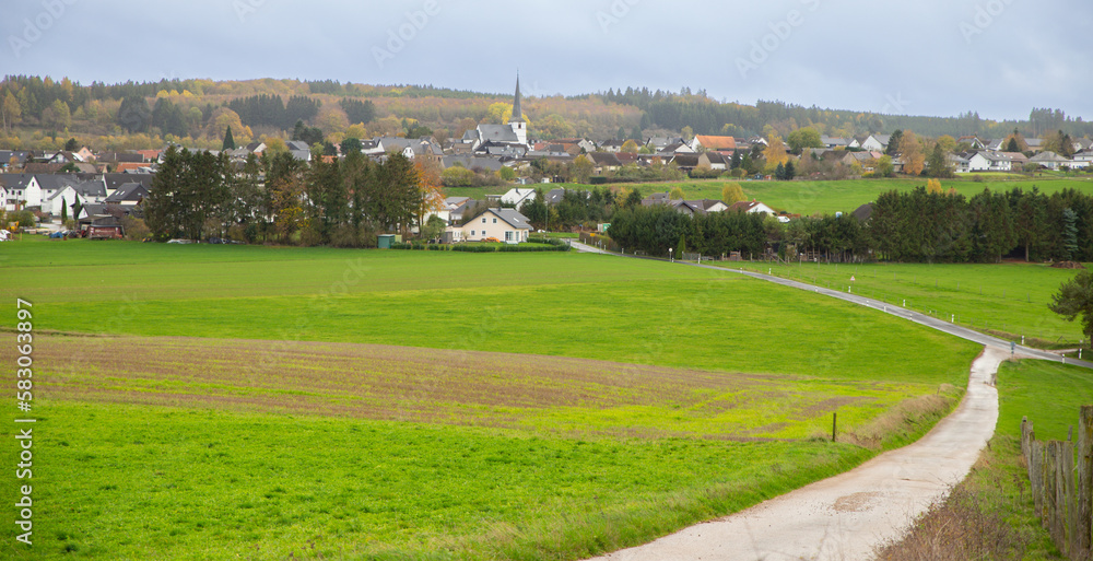 Panoramic view of German countryside landscape with villages in distance in Lampertstal und Alendorf