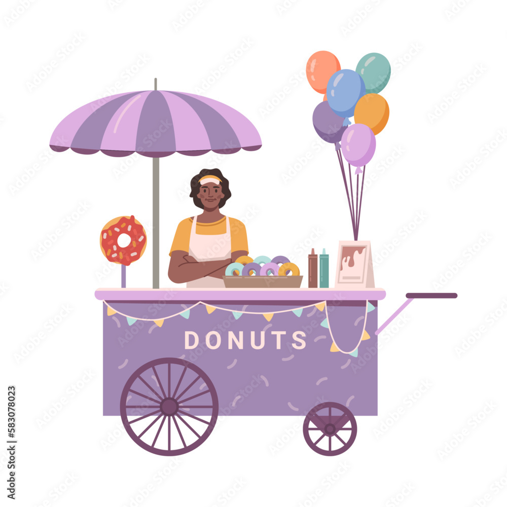 Donuts stall, isolated street kiosk with seller and tasty confectionery product. Selling dessert to 