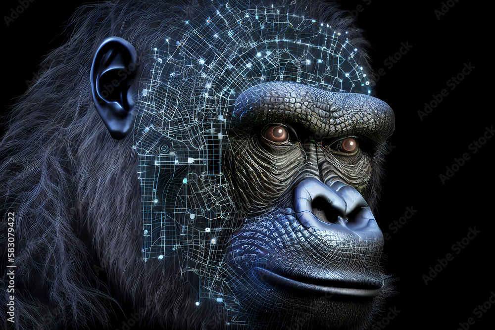 Neural network of a gorilla brain with data and artificial intelligence circuit board in the head of