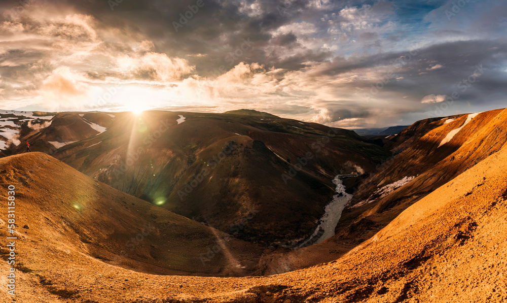 Sunset over Kerlingarfjoll mountain range on geothermal area among Icelandic Highlands on summer