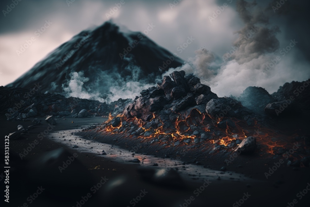 Cinematic Mountain Landscapes with Volcanic Lava Flows and Smoke Plumes - Realistic Design, Simple y