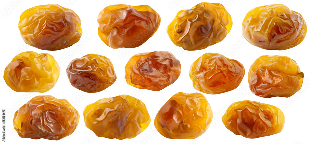 Set of individual raisins isolated on transparent background.