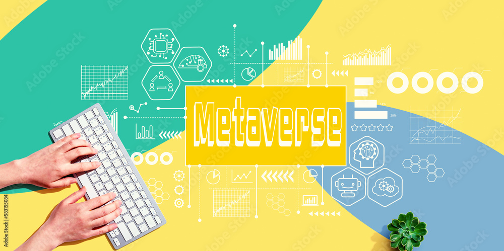 Metaverse theme with person using a computer keyboard