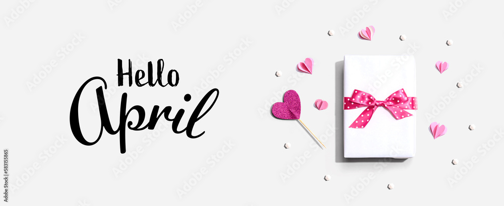 Hello April message with a gift box and paper hearts