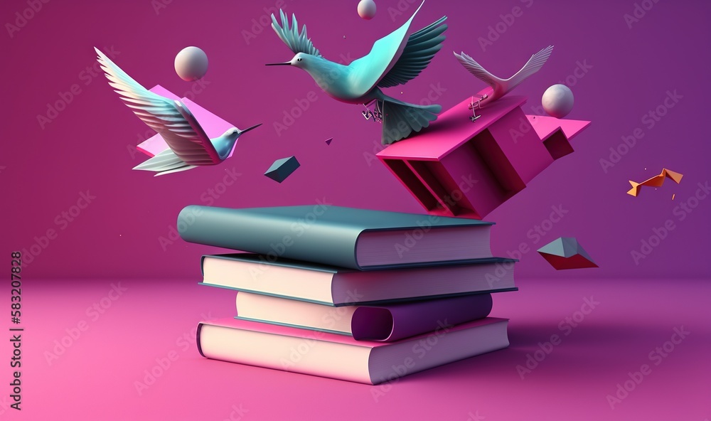  a stack of books with a bird flying over them and a bird flying over them on top of them, with a pi