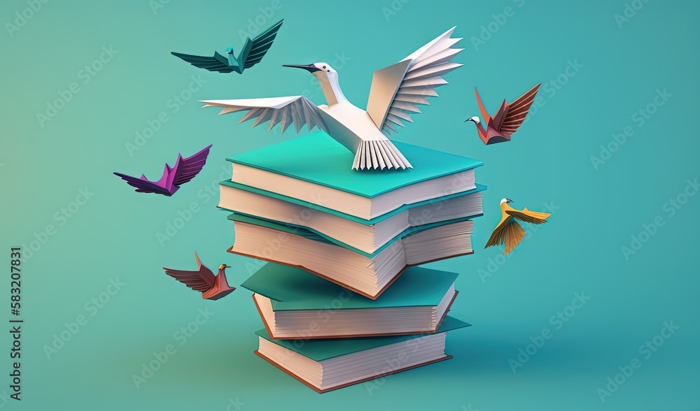  a stack of books with a bird on top of it and flying paper birds around it on a blue background wit