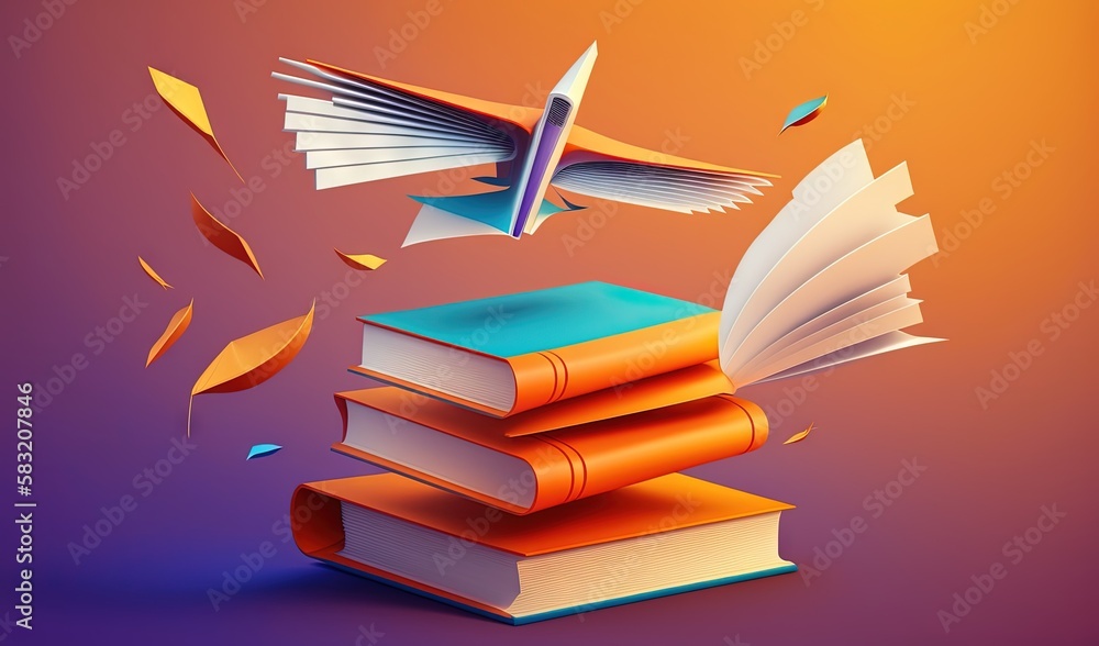  a stack of books with a pen flying out of it and flying out of it on top of them, with a purple bac