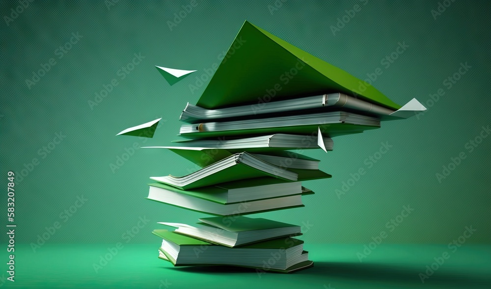  a stack of books sitting on top of a green table next to a green wall and a green wall behind it wi