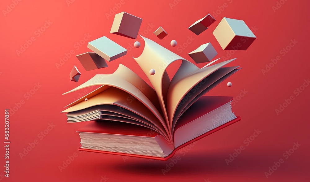  an open book with cubes flying out of it on a red background, with a red background and a red backg