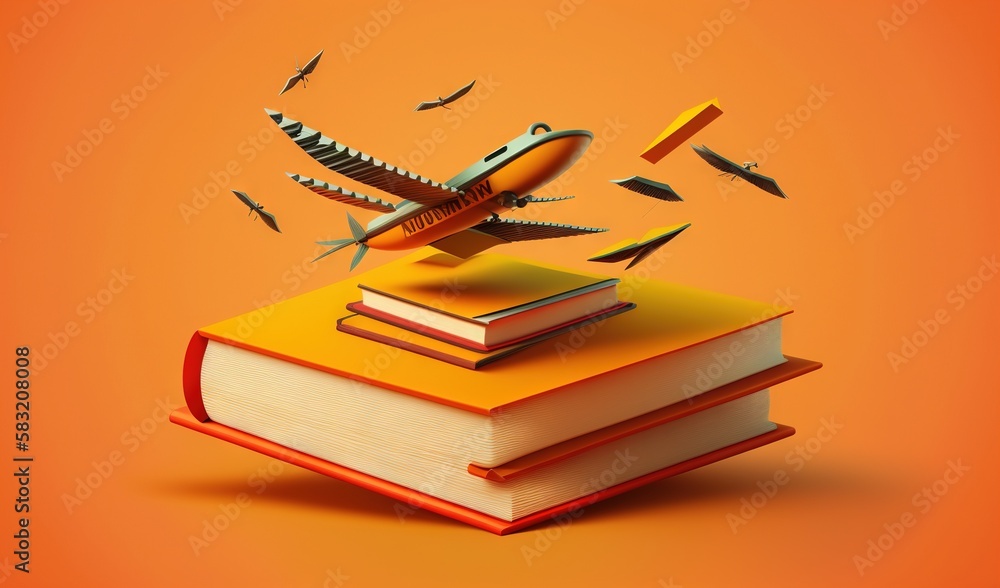  a stack of books with a bird flying out of it on top of it and a book on top of it on an orange bac