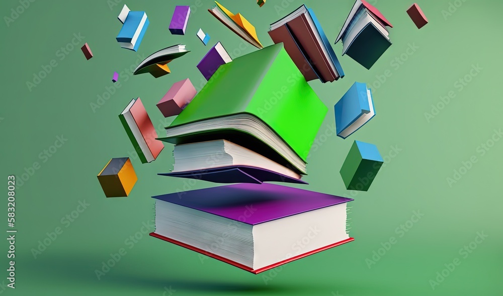  a stack of books flying through the air with colorful books flying around them on a green backgroun