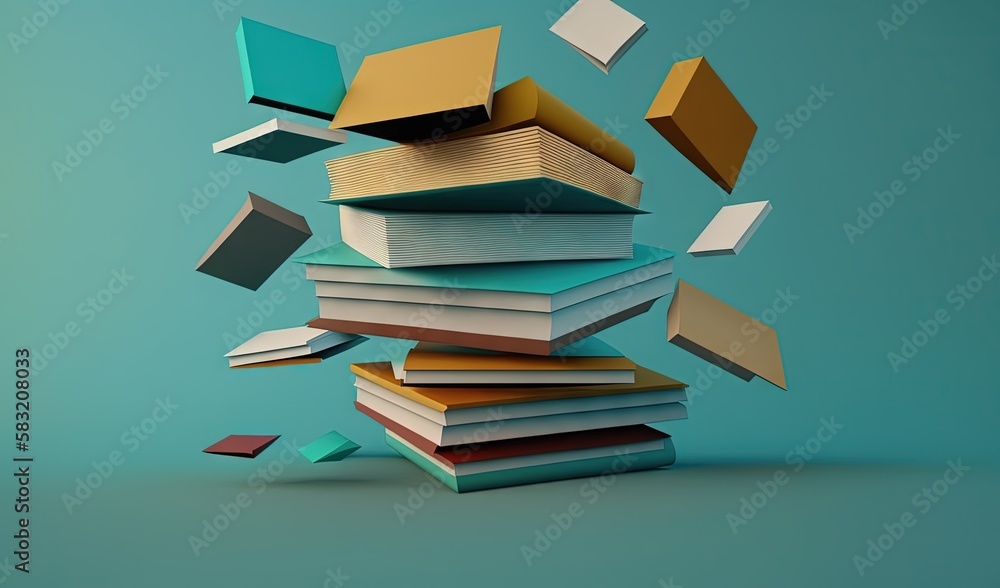  a stack of books flying through the air with books falling off of its sides and books flying in th