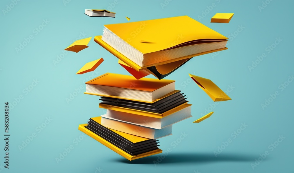  a stack of books flying through the air with a book on top of it and a book in the middle of the bo