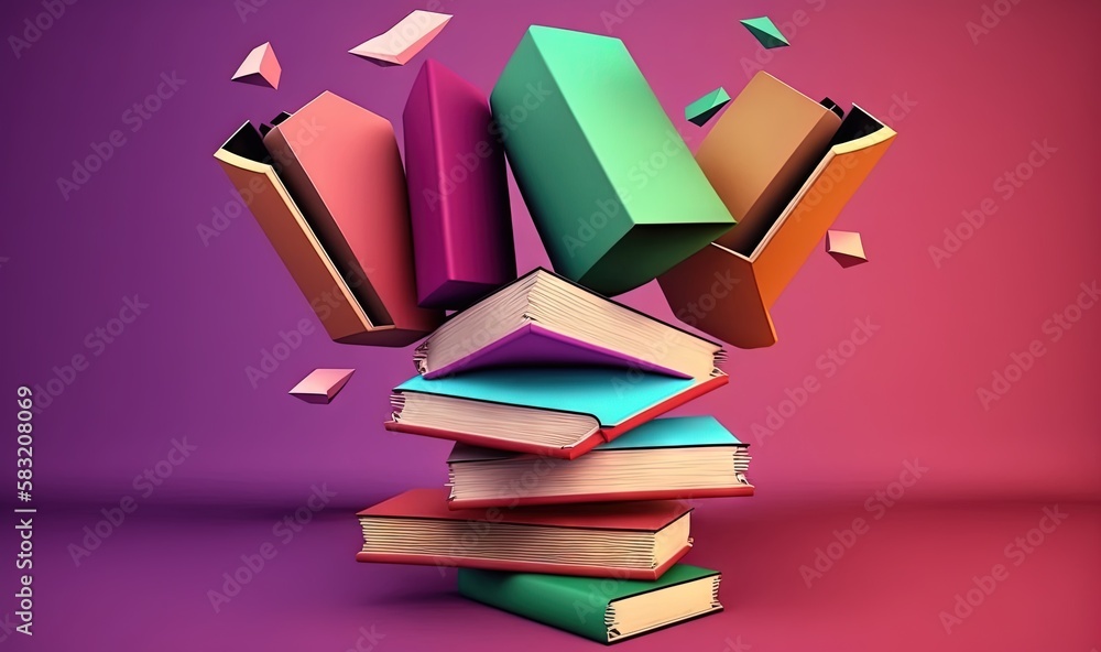  a stack of books with a bunch of books flying out of it on top of each other on a purple and pink b