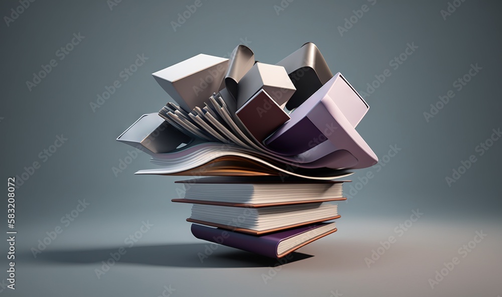  a stack of books with a bunch of books stacked on top of each other on a gray background with a sha