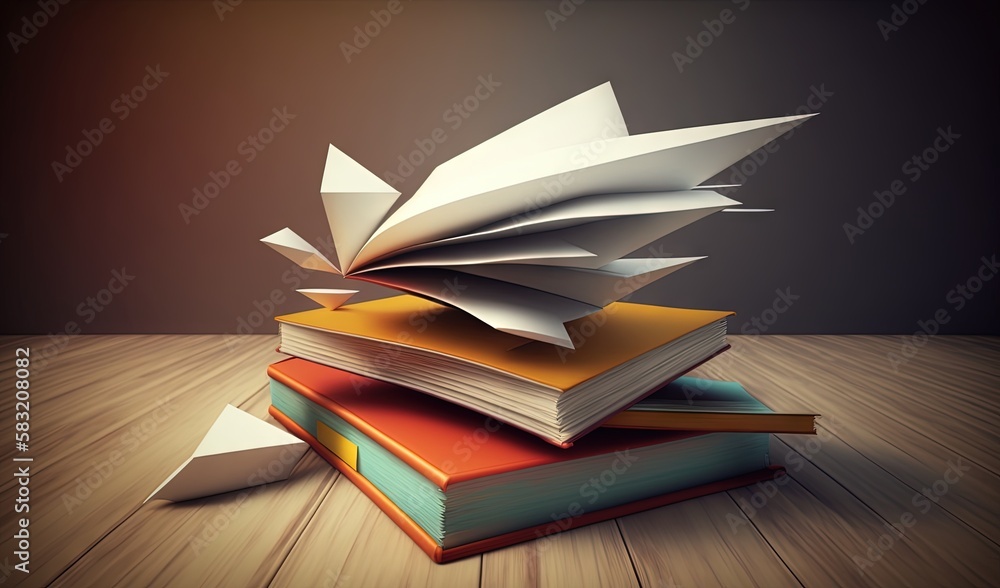  a stack of books on a wooden table with a book flying out of the top of them, with a dark backgroun