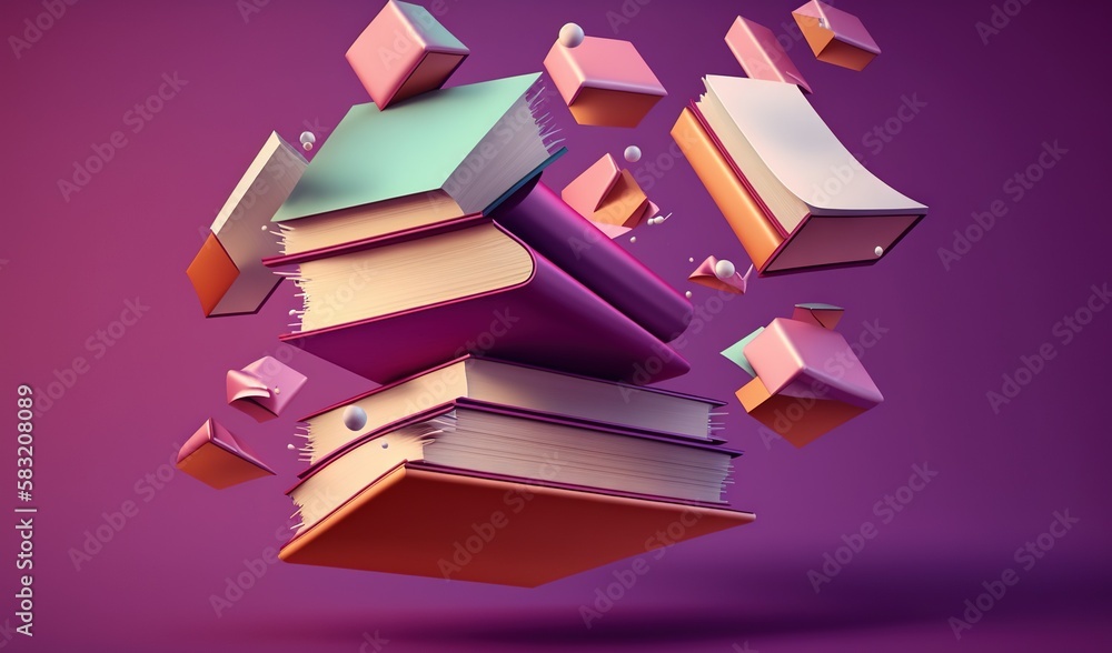  a pile of books flying up into the air with a purple and pink background and a purple background wi