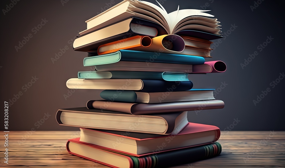  a stack of books sitting on top of a wooden table next to a black wall and a wooden table with a wo