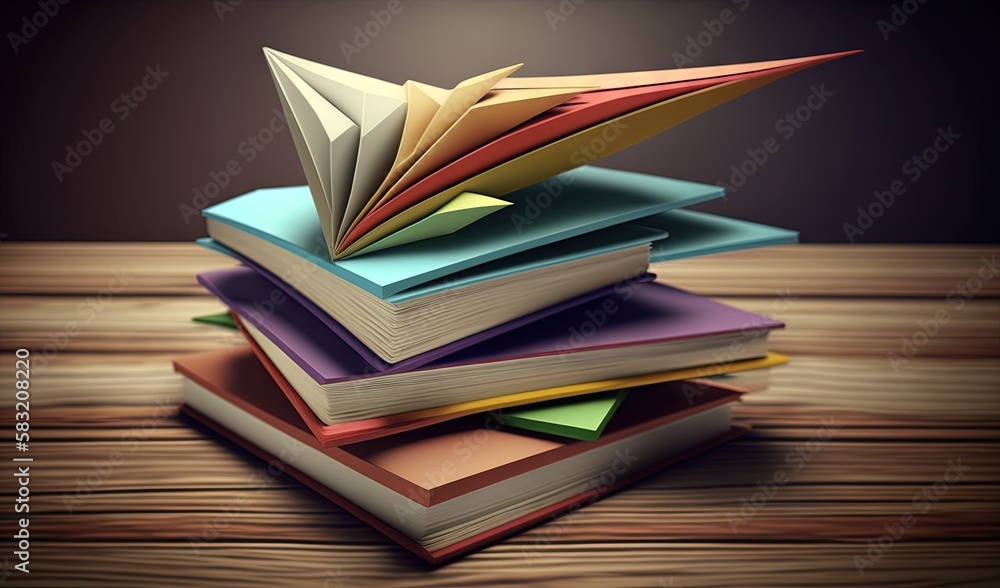  a stack of books with an origami bird on top of them on a wooden table with a dark background and a