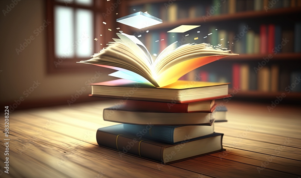  a stack of books on a wooden floor in front of a window with a book flying out of the top of one of