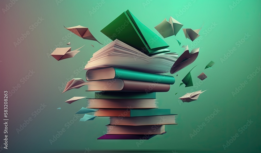  a stack of books flying through the air with a green book on top of it and a green book on the bott