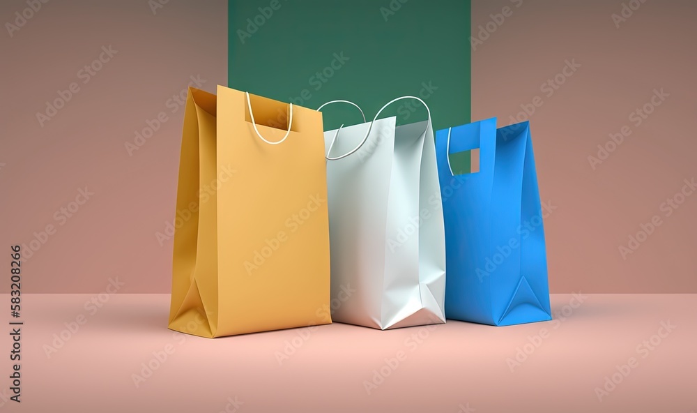  three different colored shopping bags sitting on a counter top next to a green box with a white str