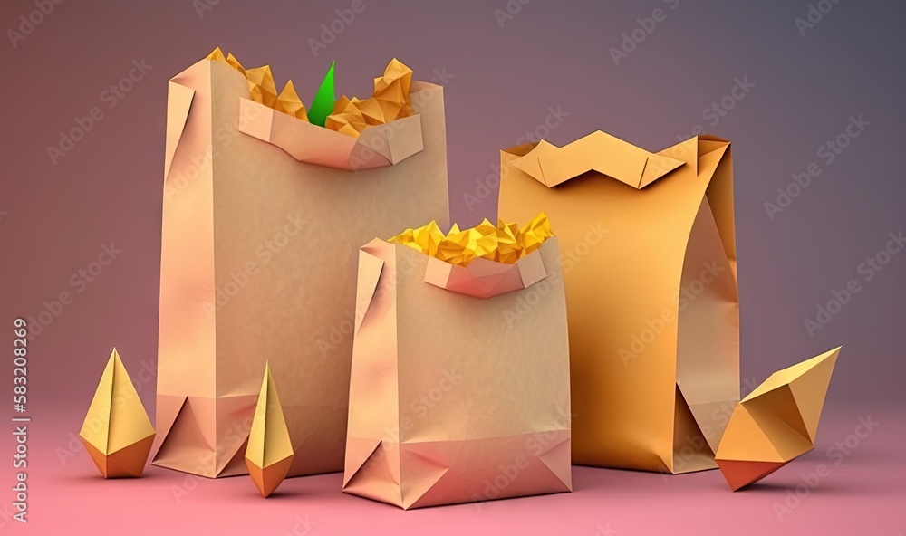  three paper bags with a plant in them on a pink background with a pink background and a pink backgr