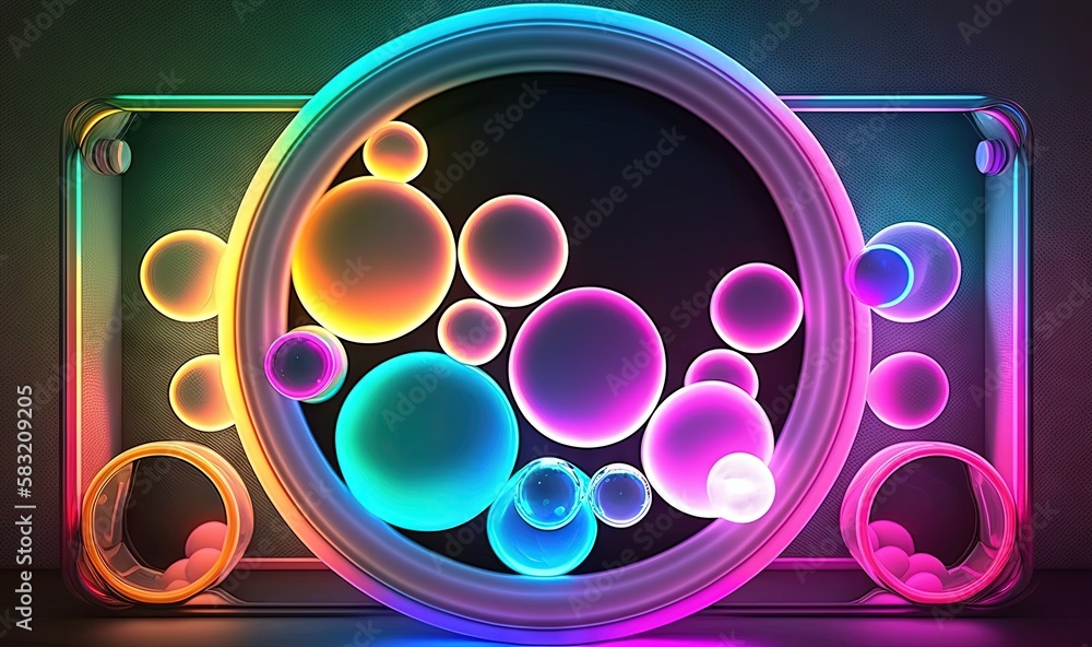  a colorful photo of bubbles in a circular frame on a dark background with a neon light reflection i