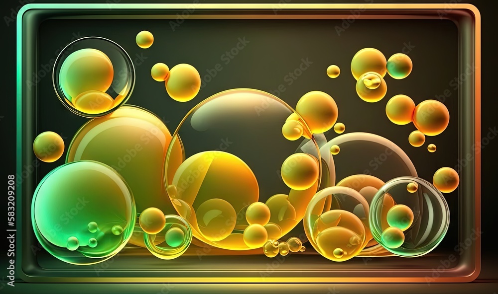  a picture of soap bubbles in a square frame on a black background with a green and yellow border an