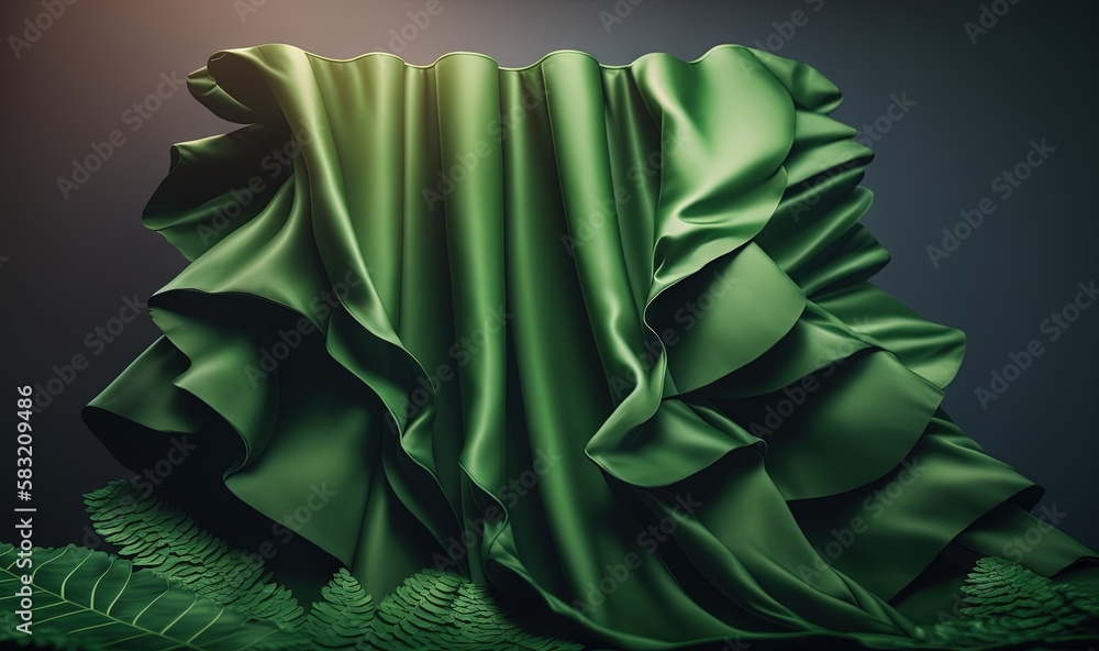  a green fabric draped over a leafy plant on a dark background with a light shining through the top 