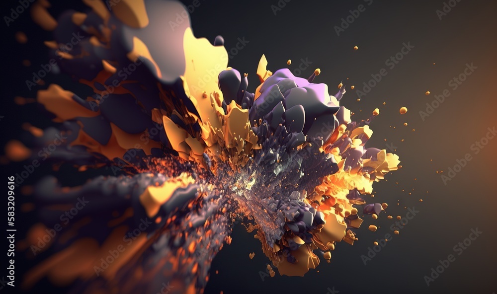  a computer generated image of an exploding flower on a black background with a yellow and purple ce