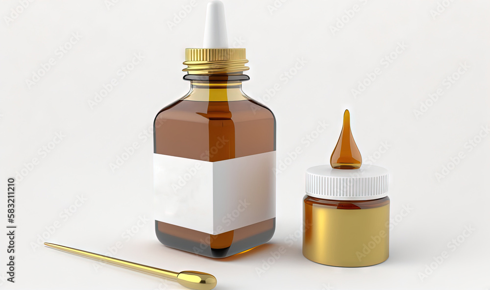  a bottle of propolani and a gold spoon on a white background with a gold tip on the left side of th