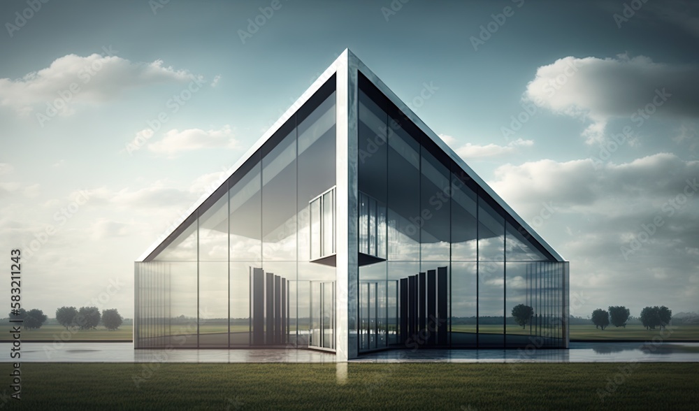  a glass building with a reflection of the sky in the windows and grass in front of it and a body of