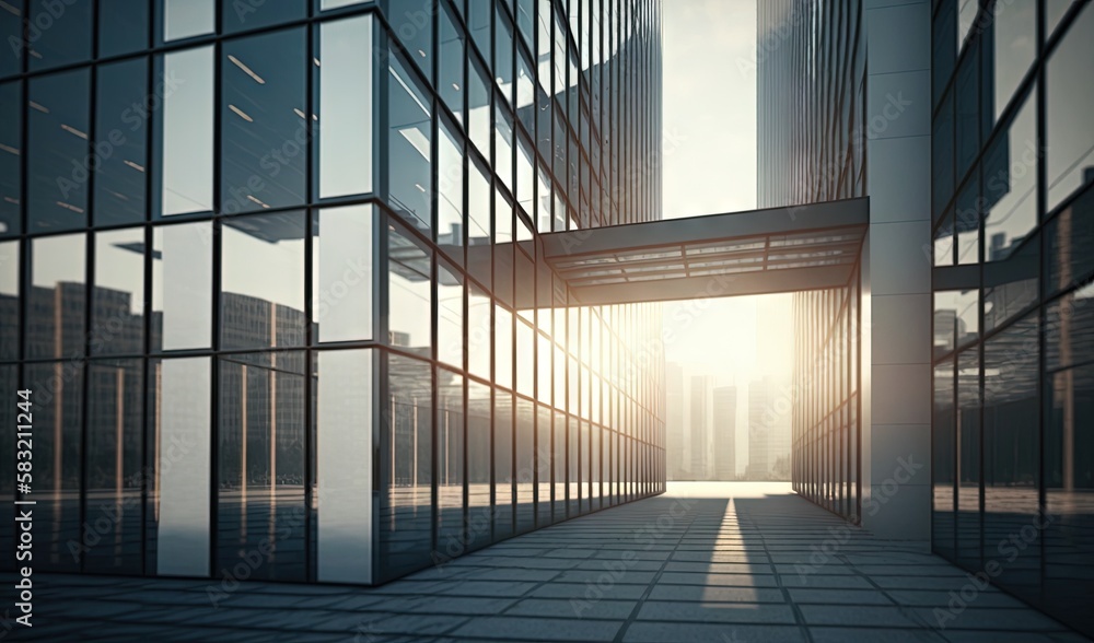  an empty walkway in front of a building with glass walls and a bright sun shining through the windo