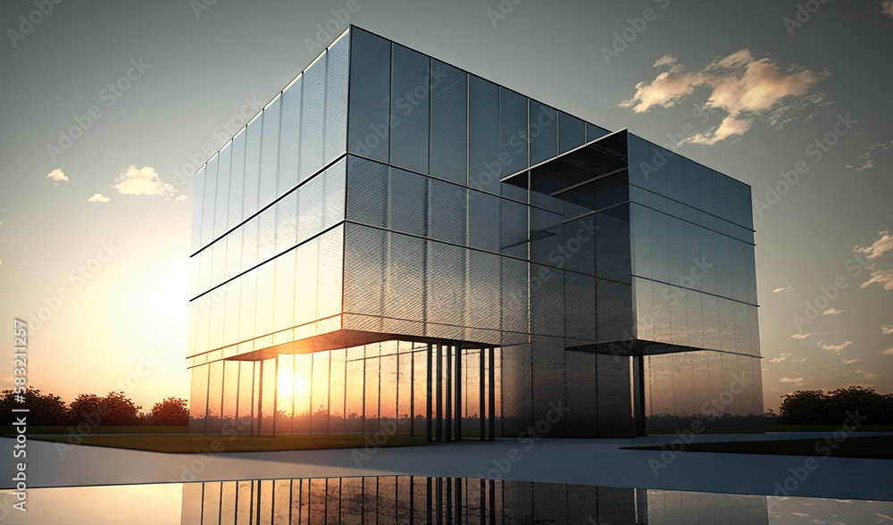  a building with a reflection of the sun in the water and clouds in the sky above it and a reflectio