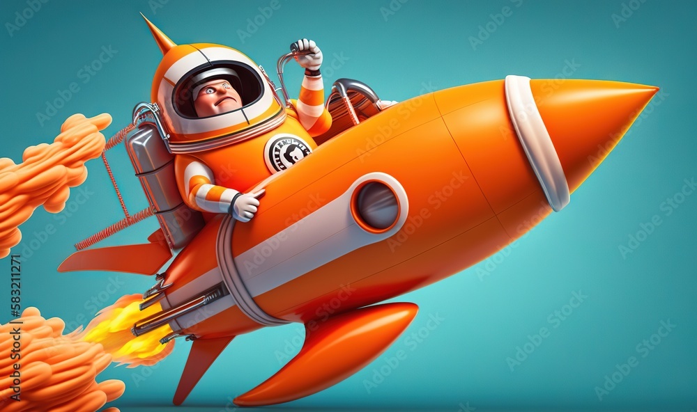  an orange rocket with a man in a space suit riding on top of it and holding a cigarette in his hand