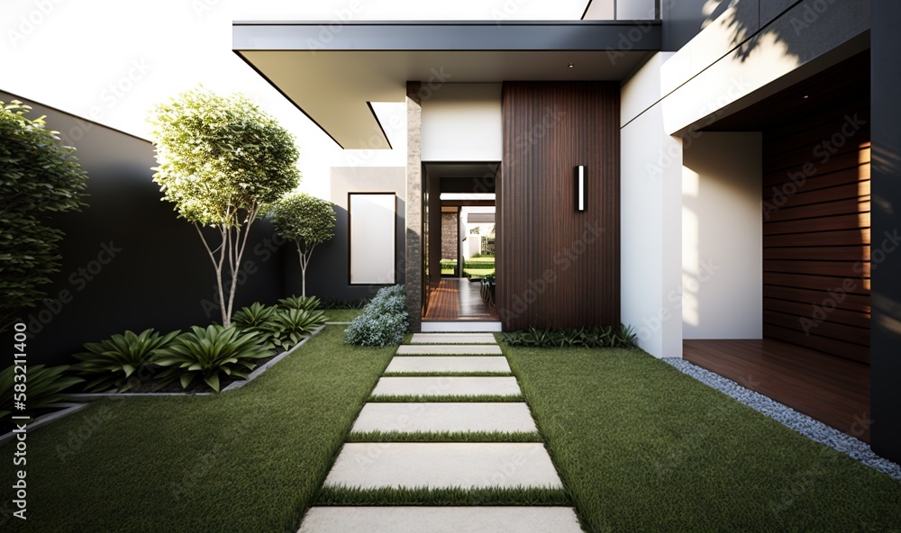  a modern house with grass and stepping stones leading to the front door of the house and the entran