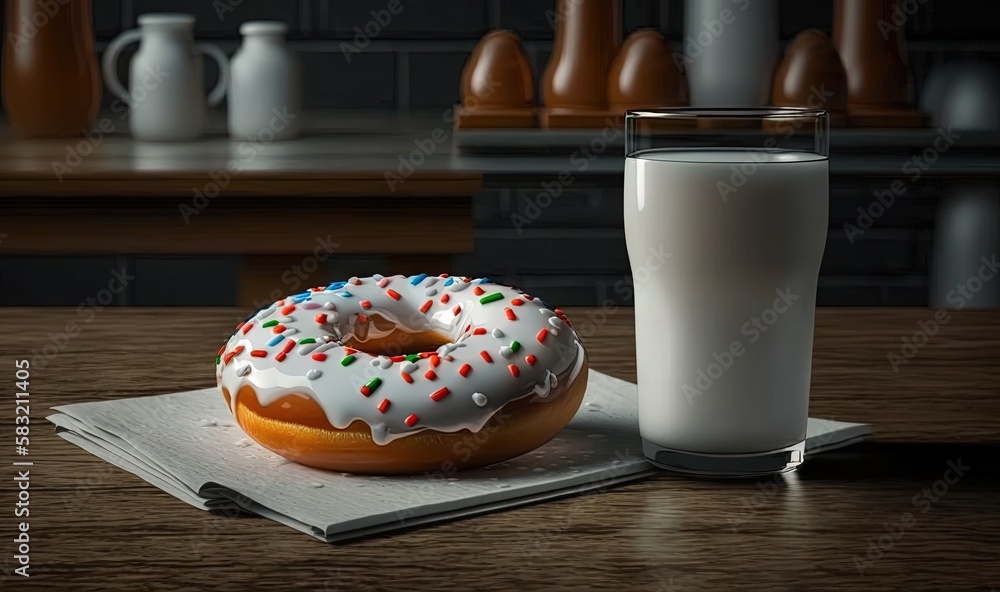  a donut and a glass of milk on a table with a napkin and a glass of milk on the side of the table a