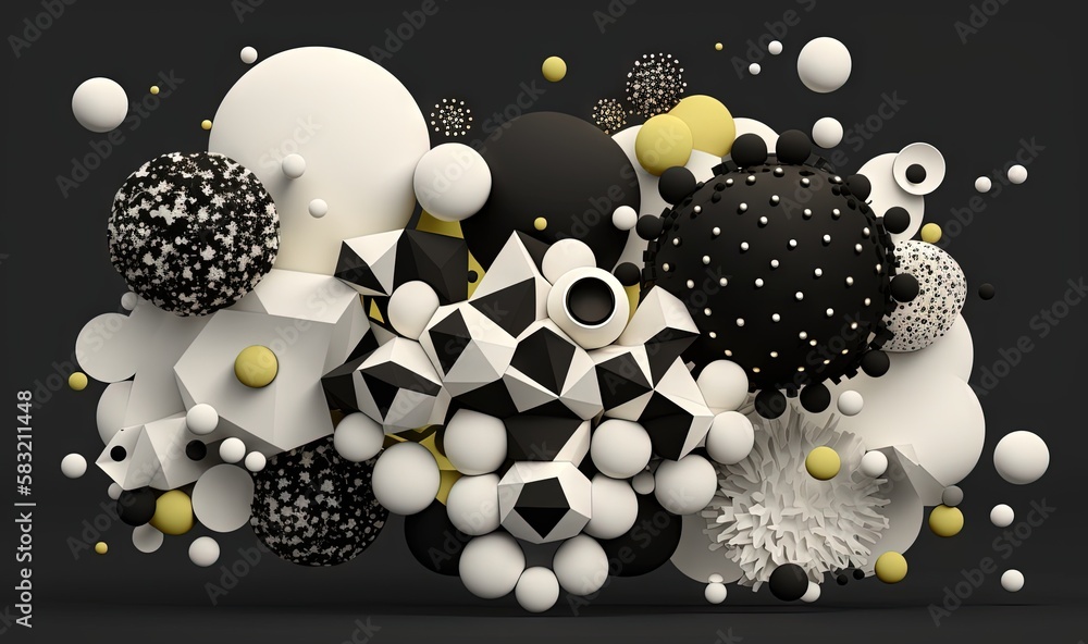  a bunch of balls and bubbles floating in a black and white background with a black background and a