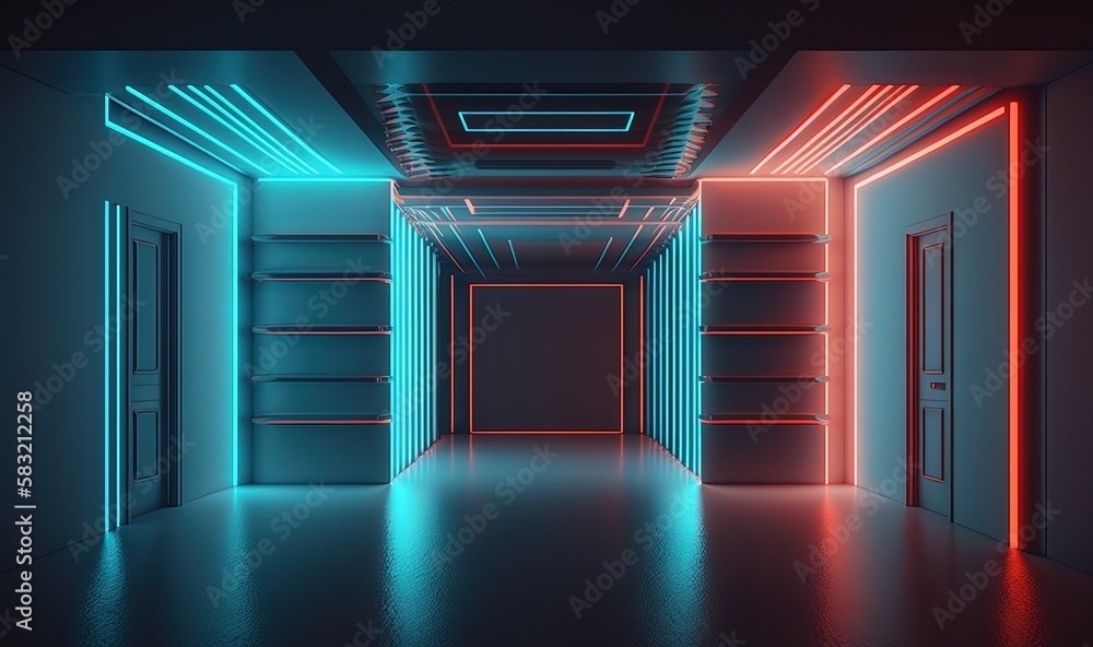  an empty room with neon lights and a door leading to another room that has a long hallway with mult