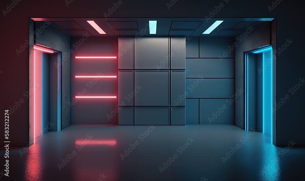  an empty room with a neon light coming from the door and a neon light coming from the wall in the m