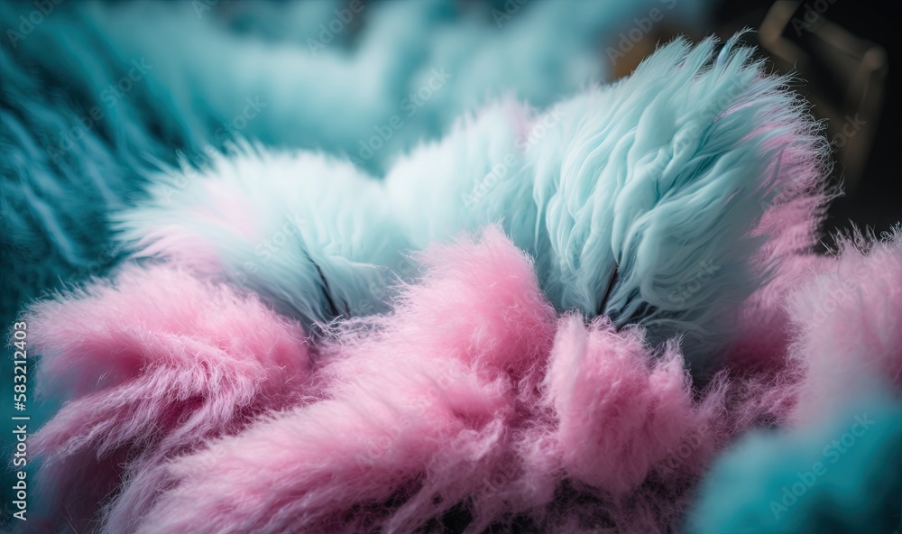  a close up of a pink and blue fuzzy object with a black background and a blurry image of the fuzzy 