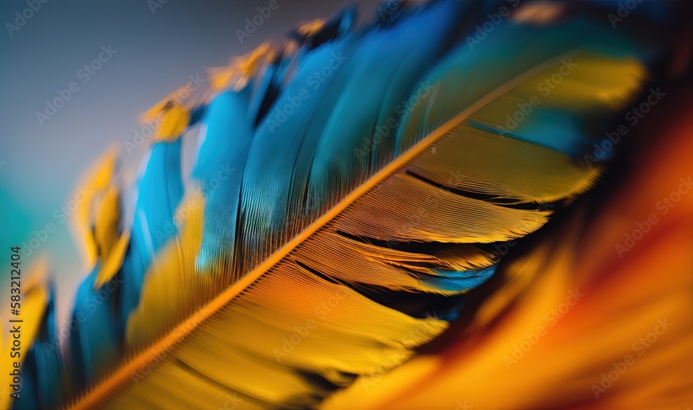  a close up of a blue and yellow birds feather with a blurry background of blue and yellow feathers