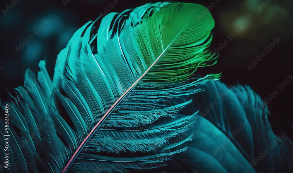  a close up of a green feather on a black background with a blurry image of the feather and the tip 