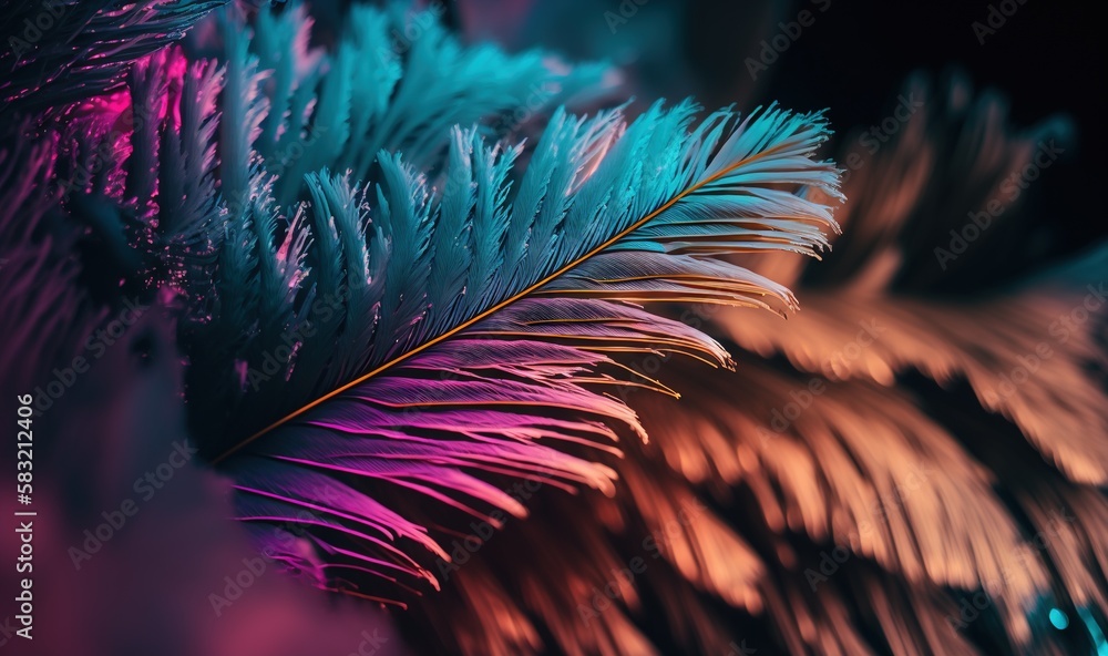  a close up of a colorful feather on a black background with a pink, blue, and green feather on the 