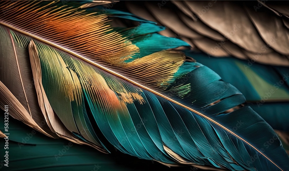  a close up of a colorful feather on a black background with a gold and blue feather on the tip of t