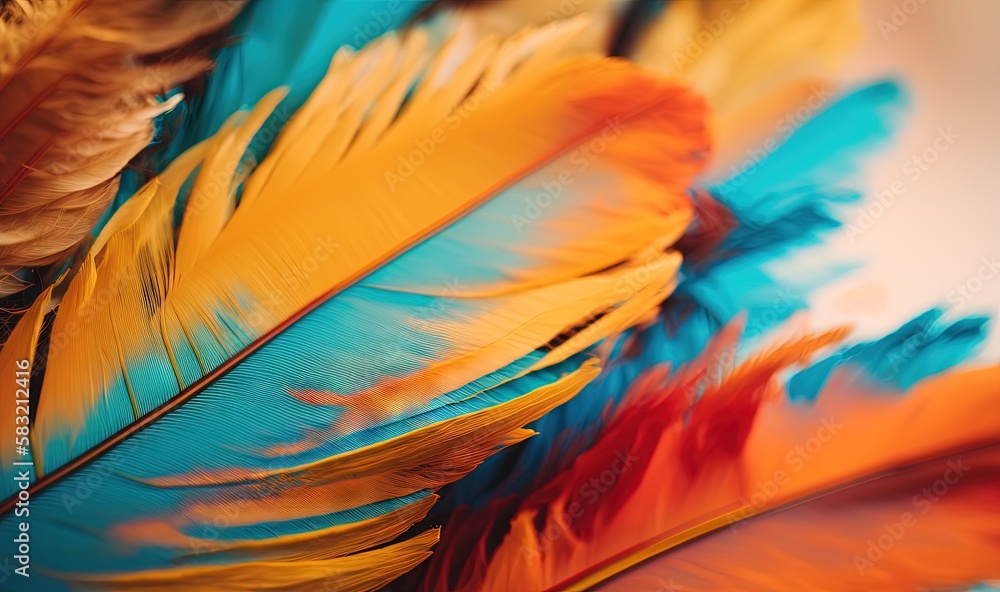  a close up of colorful feathers on a white background with a blurry image of the feathers and the c