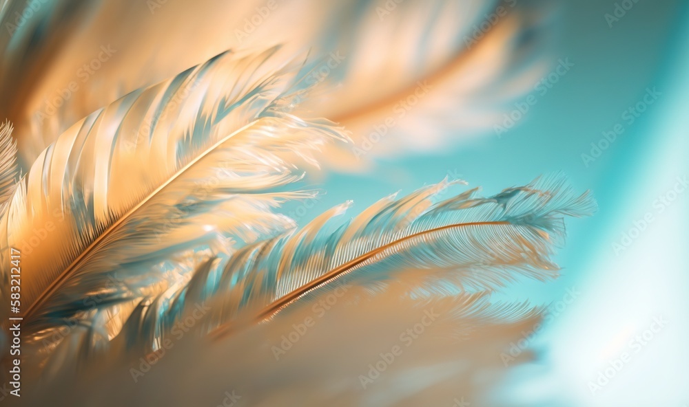  a close up of a feather on a blue and yellow background with a blurry image of a feather in the for